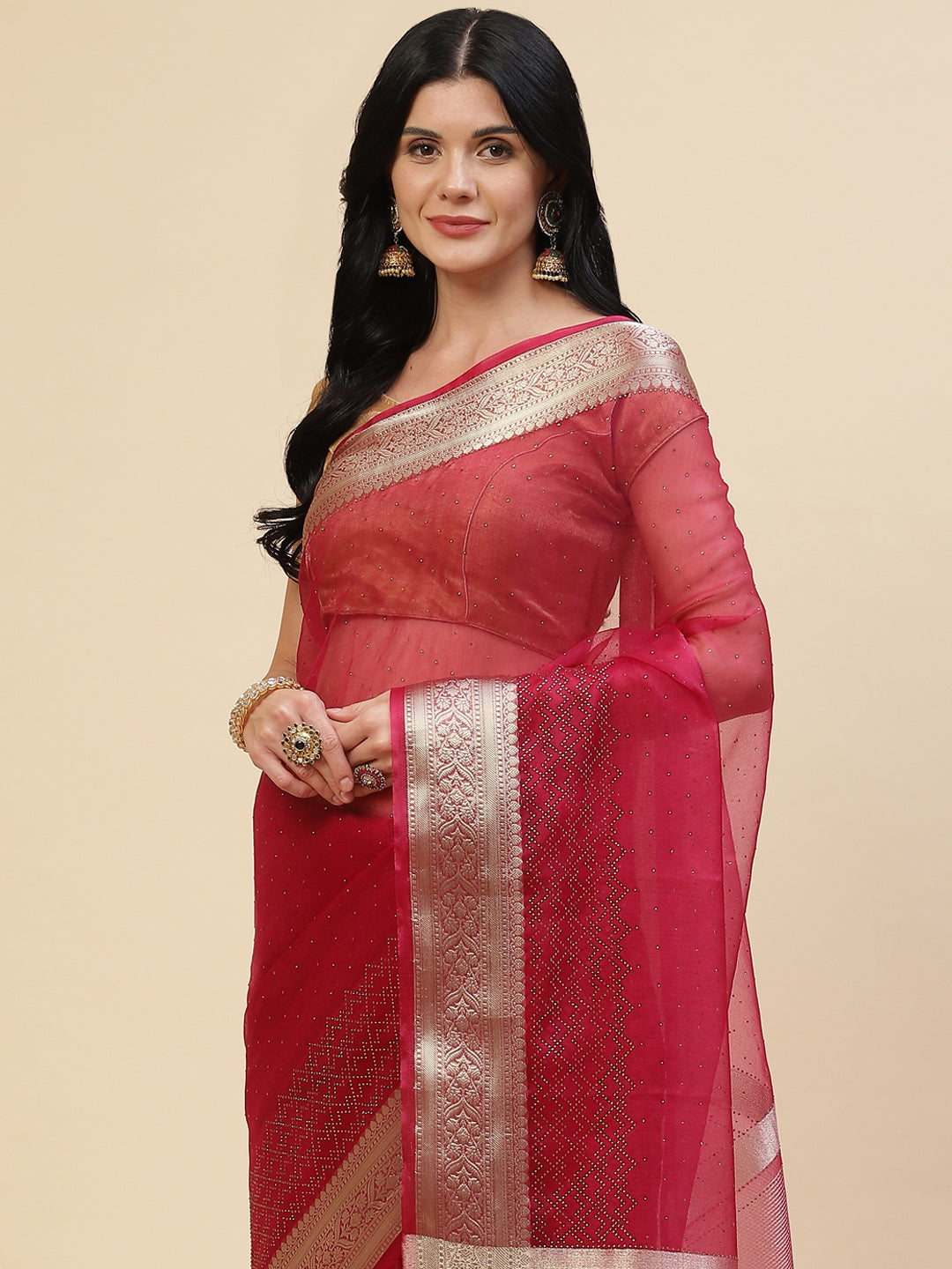 Stone Work Plain Organza Saree