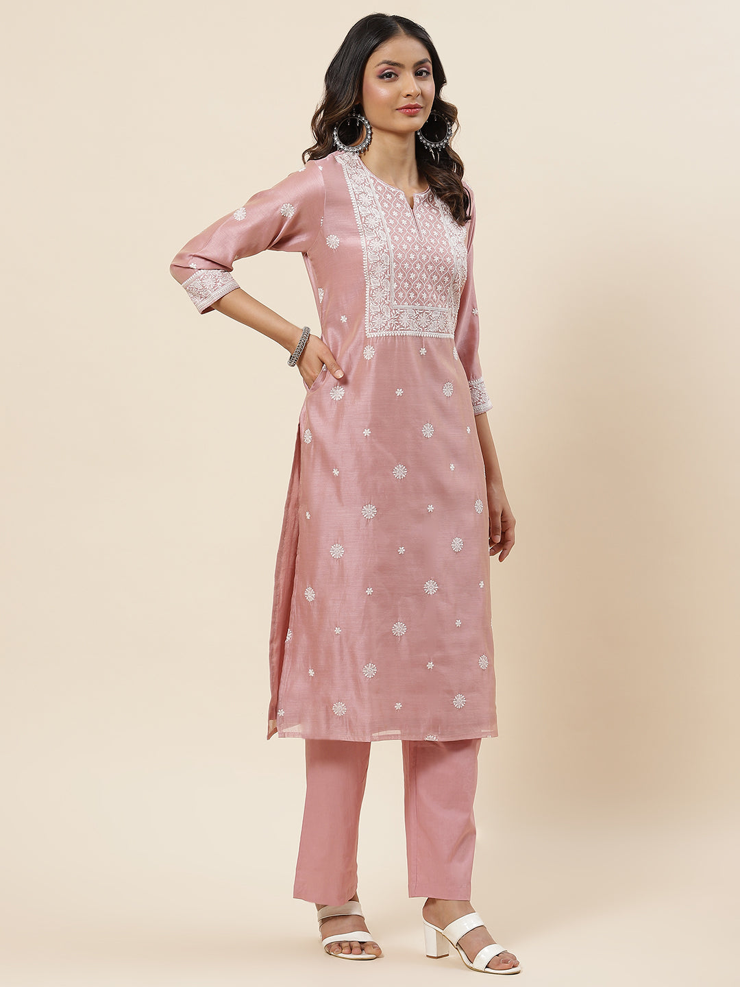 Embroidered Chanderi Kurta With Pants