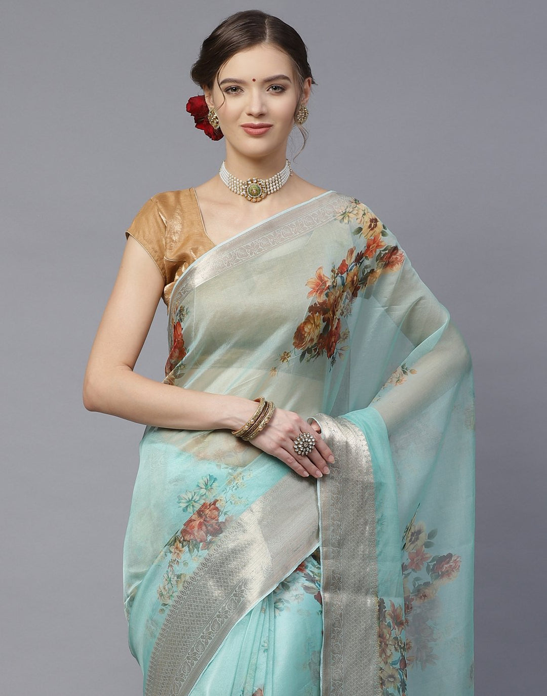 Digital Floral Printed Organza Saree