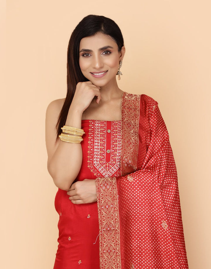 Embroidered Art Handloom Dupion Suit Piece With Printed Dupatta