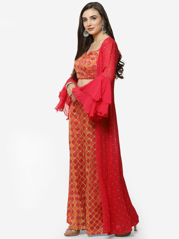 Bandhej Printed Georgette Top With Palazzo And Jacket