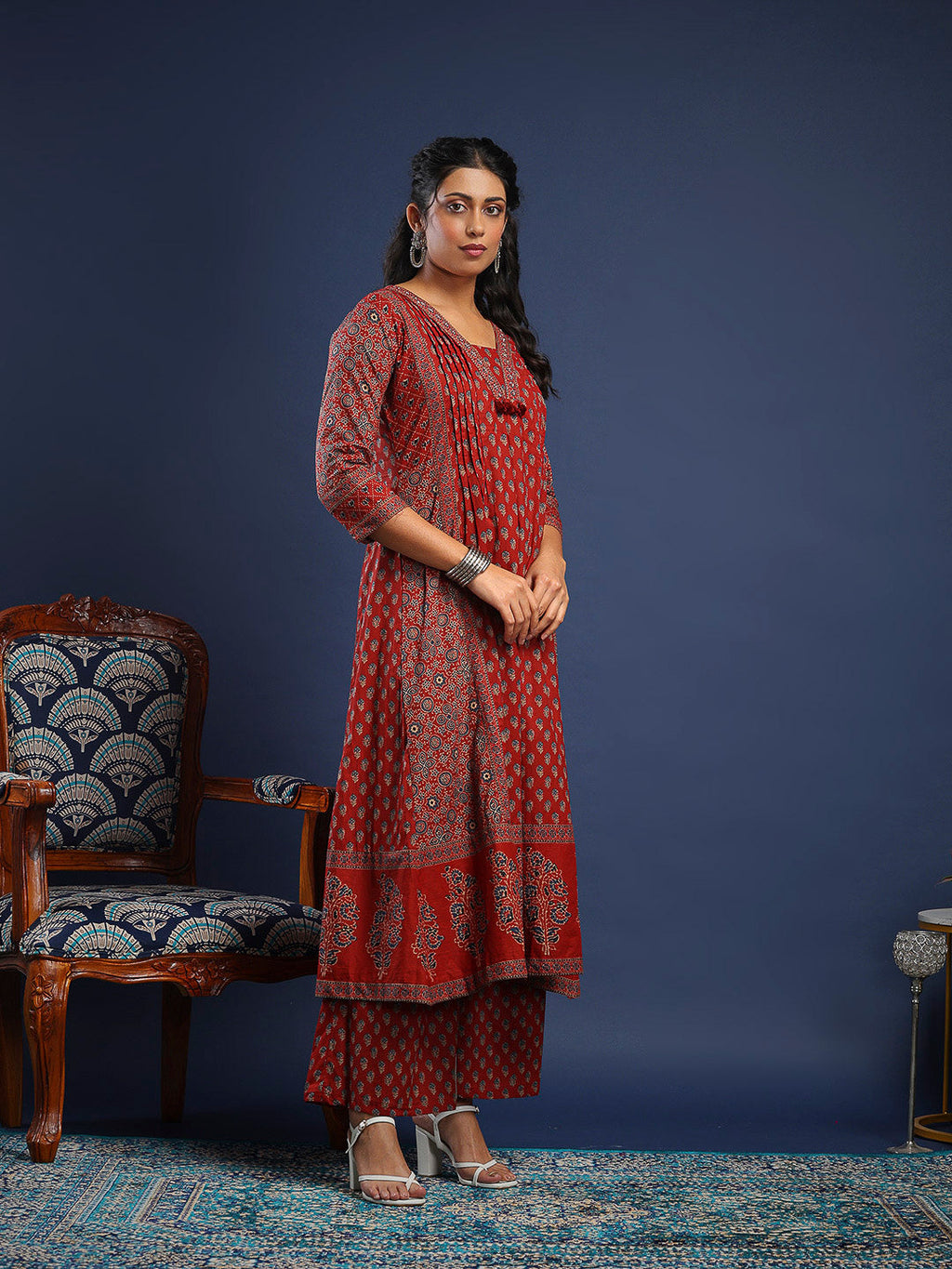 Maroon Cotton Blend Printed Straight Suit Set