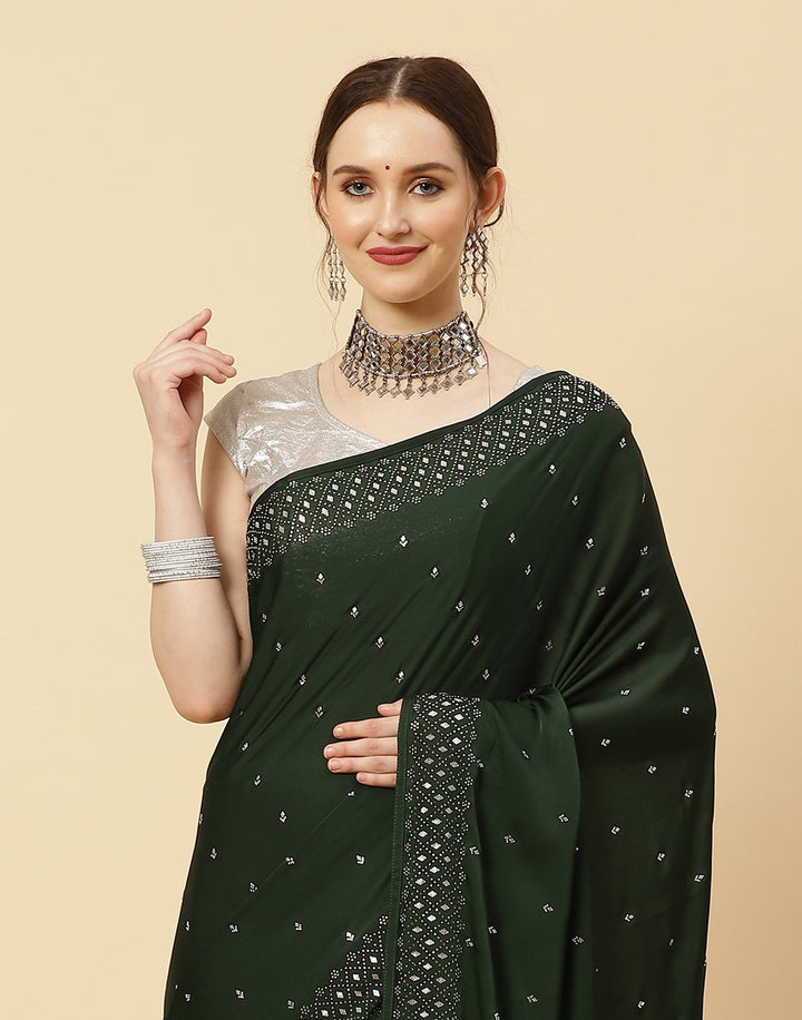 Embroidered Satin Saree With Stone Work