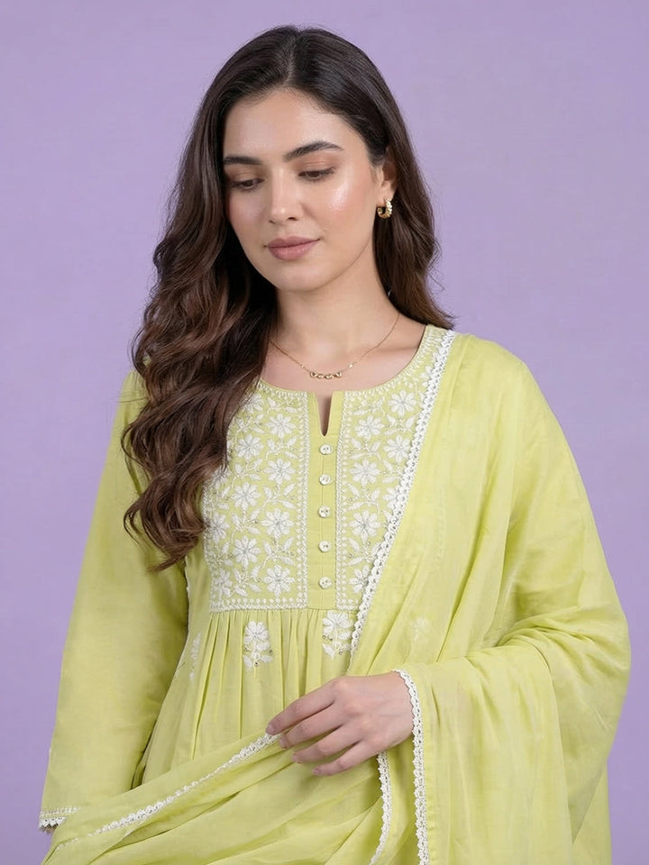 Embroidered Cotton Blend Kurta With Pant &amp; Dupatta