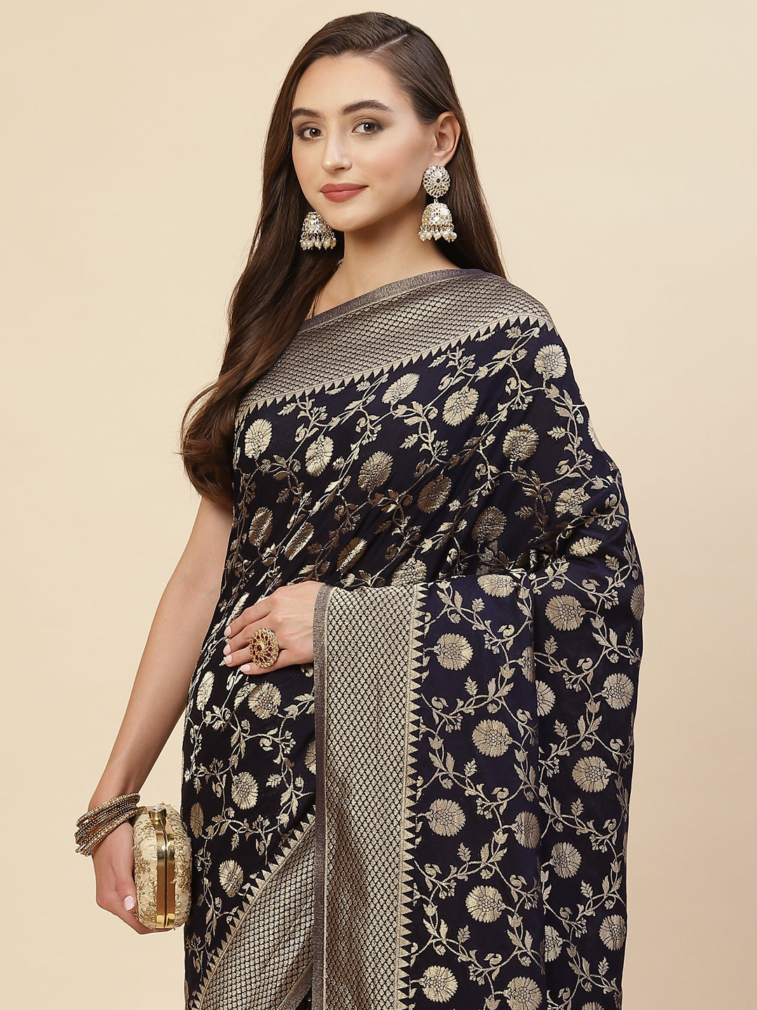 Floral Zari Border Booti Georgette Plain Saree