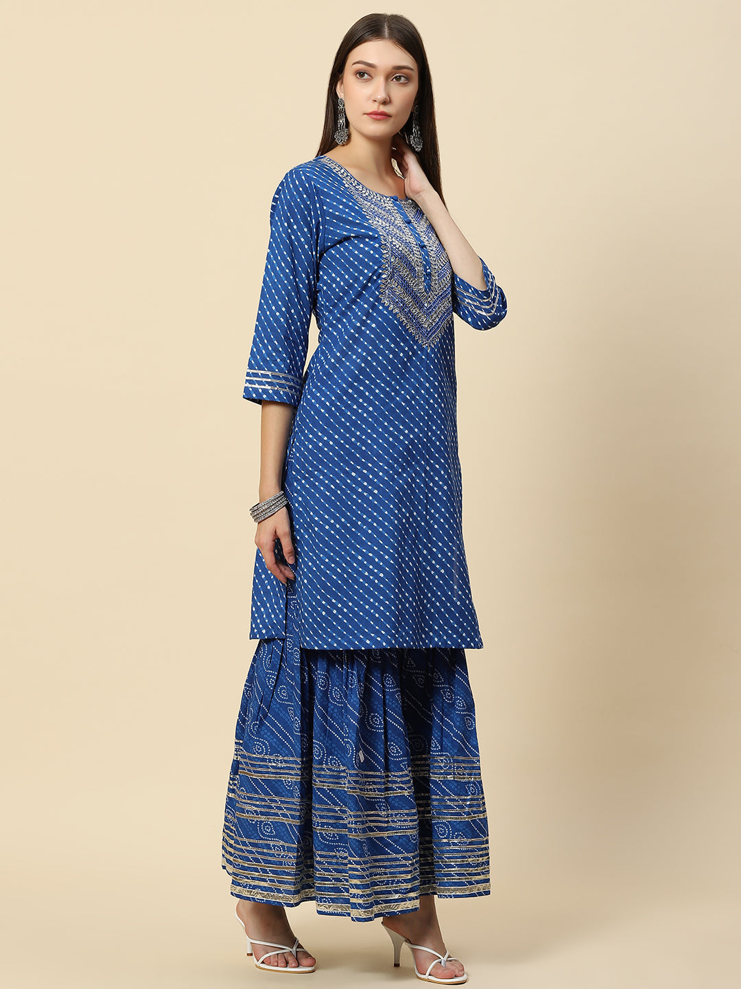 Leheriya Printed &amp; Embroidered Cotton Kurta With Sharara