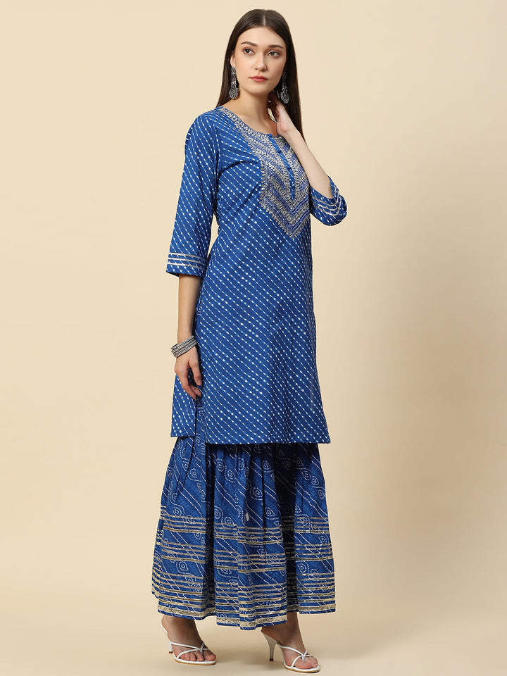 Leheriya Printed &amp; Embroidered Cotton Kurta With Sharara