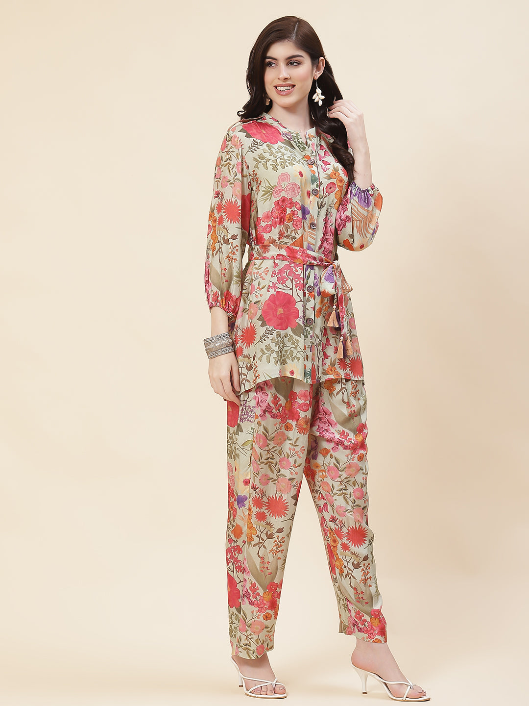 Floral Printed Crepe Co-Ord Set With Belt