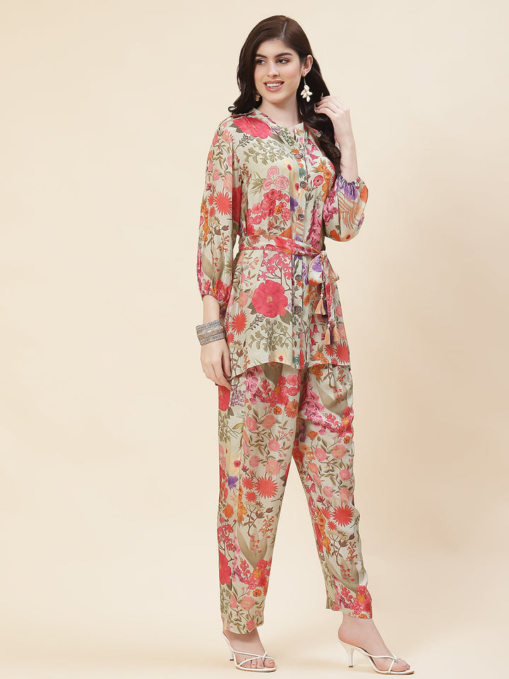 Floral Printed Crepe Co-Ord Set With Belt