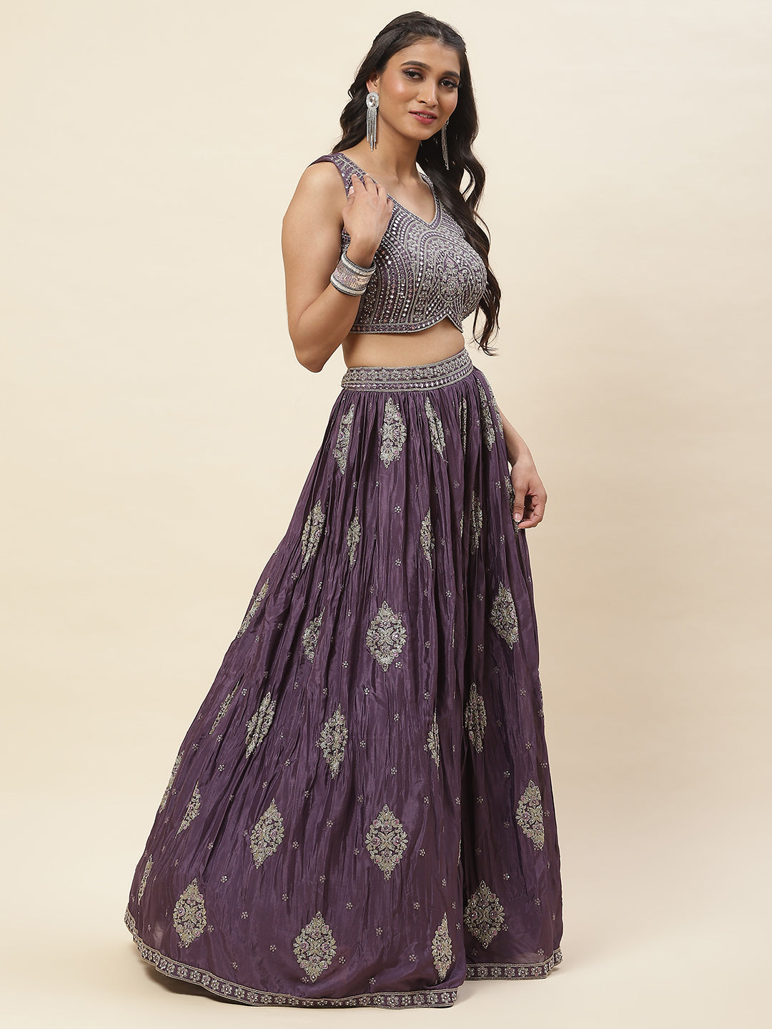 All Over Embroidered Crepe Choli With Lehenga &amp; Dupatta