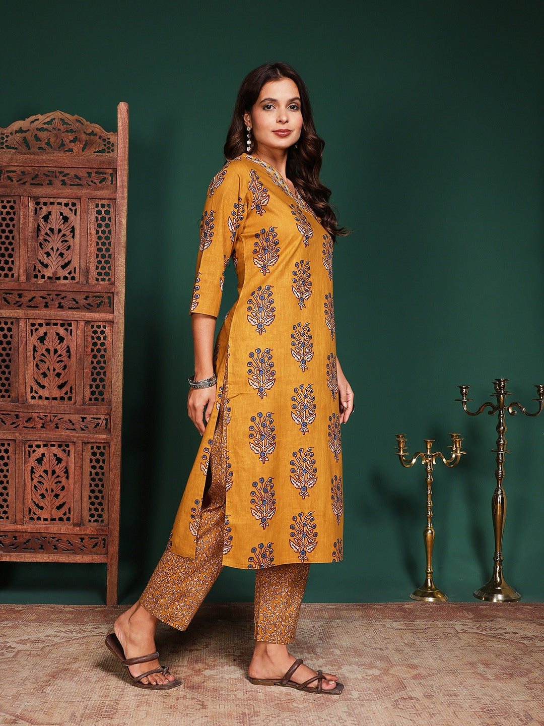 Floral Printed Cotton Blend Kurta With Pant &amp; Dupatta