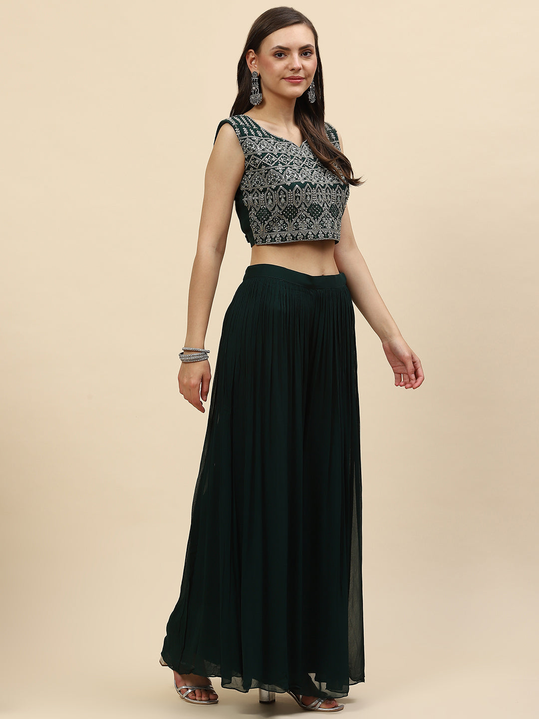 Digital Printed Crop Top Sharara With Dupatta &amp; Jacket