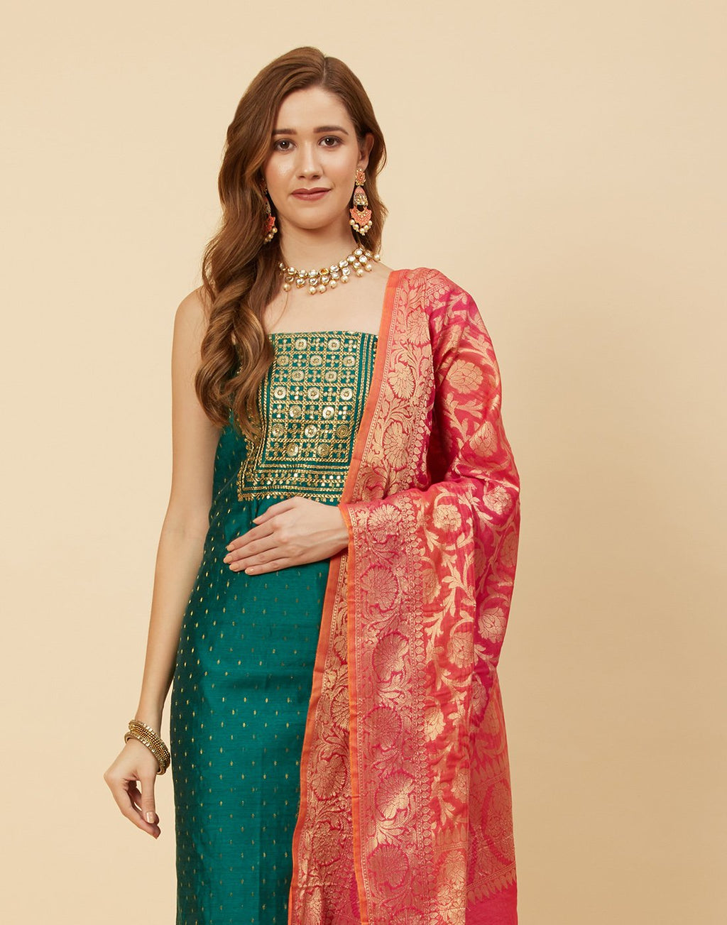 Embroidered Chanderi Suit Piece With Banarasi Dupatta