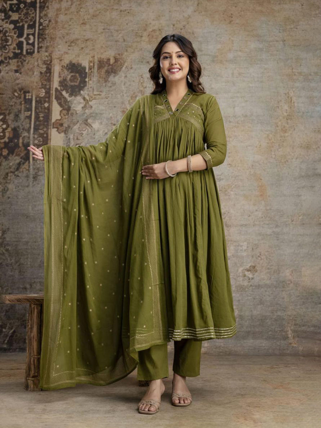 Green Cotton Blend Embroidered Straight Suit Set