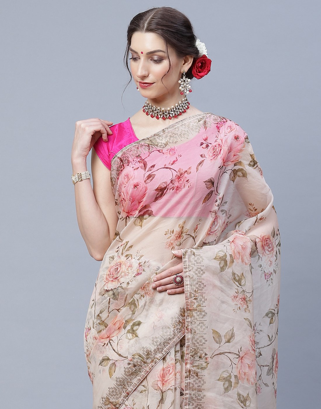 Digital Floral Printed Kora Saree with Stone Work Border