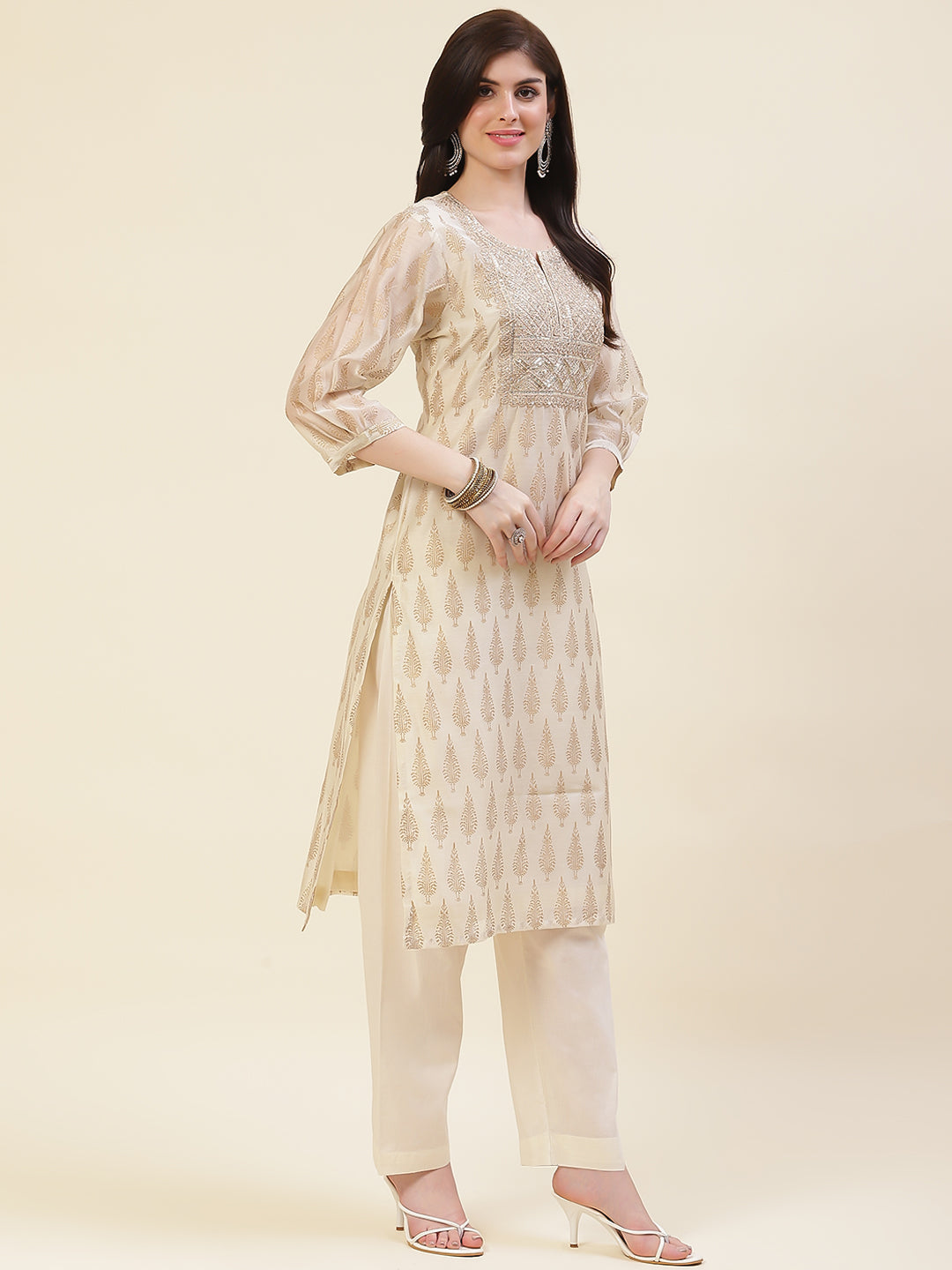 Neck Embroidered &amp; Printed Muslin Kurta With Pants