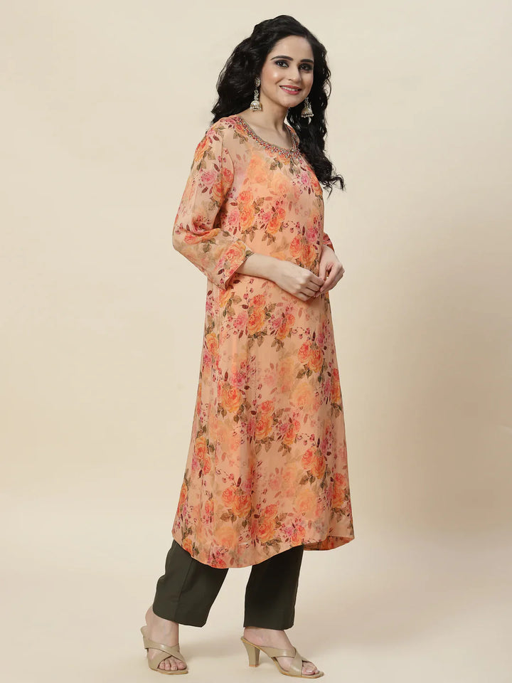 Floral Printed Organza Kurta With Palazzo &amp; Inner