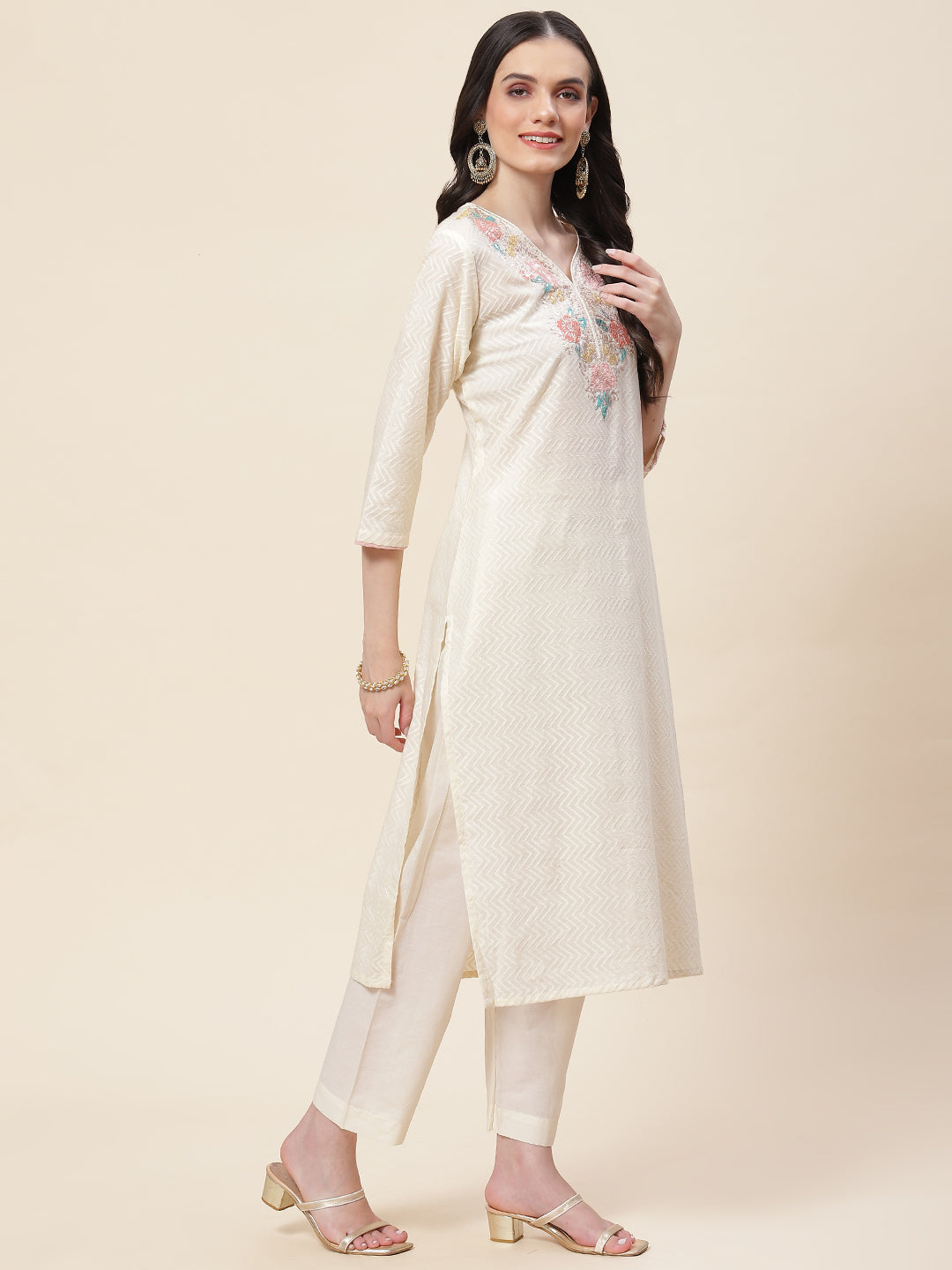 Neck Embroidered Cotton Kurta With Pants &amp; Dupatta
