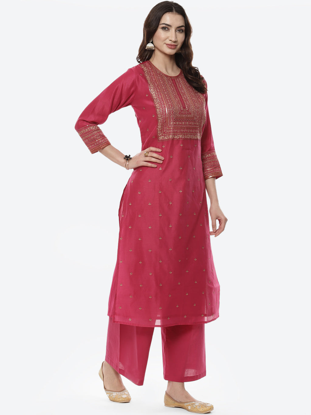 Zari Work Embroidered Chanderi Kurti With Palazzo