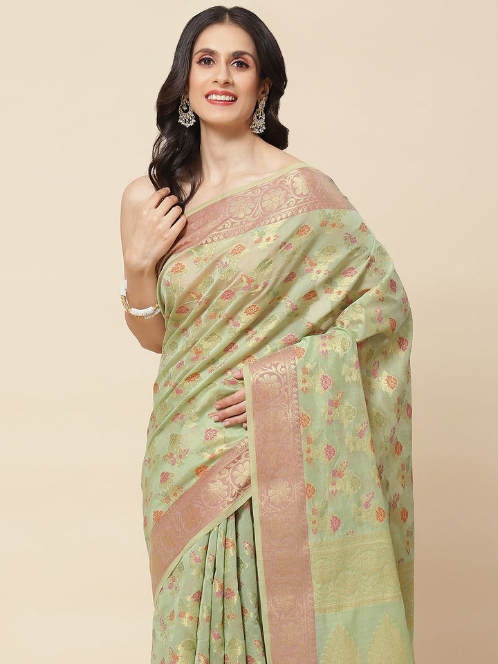Plain Zari Booti Woven Cotton Saree