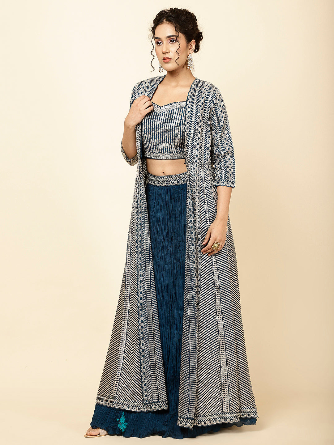Sequin Embroidered Crepe Choli With Lehenga &amp; Jacket