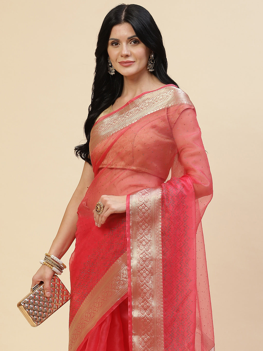 Stone Work Plain Organza Saree