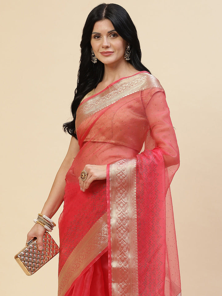 Stone Work Plain Organza Saree