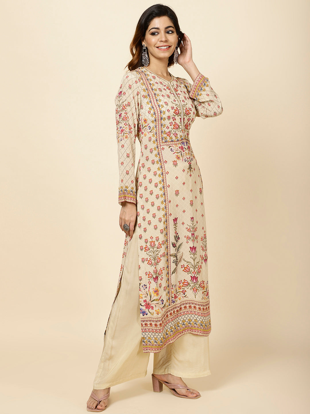 Digital Floral Printed Crepe Kurta With Palazzo &amp; Dupatta