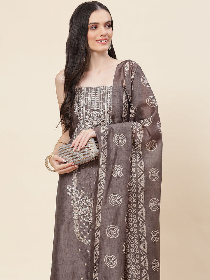 Embroidered Chanderi Unstitched Suit Piece With Dupatta