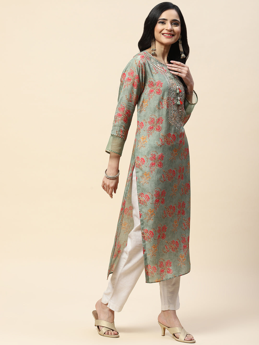 Printed With Yoke Embroidered Muslin Kurta