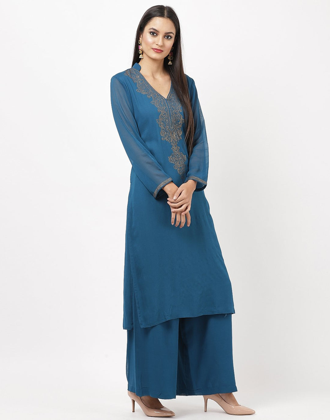 MBZ Meena Bazaar-Teal Blue Georgette Kurti with Palazzo