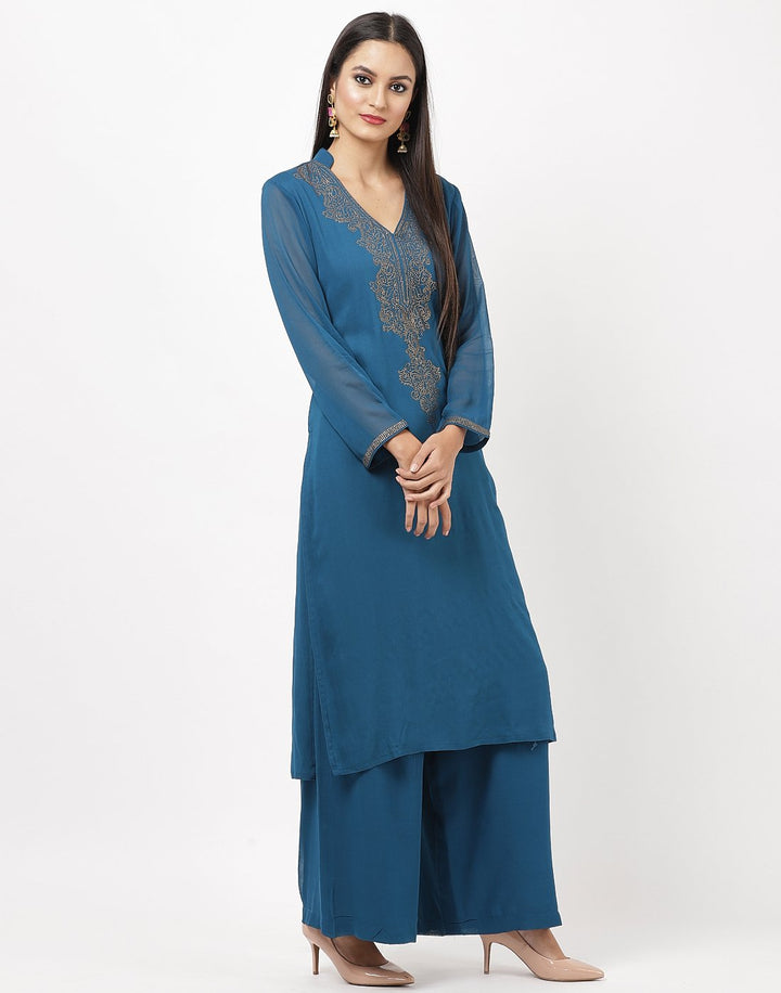 MBZ Meena Bazaar-Teal Blue Georgette Kurti with Palazzo