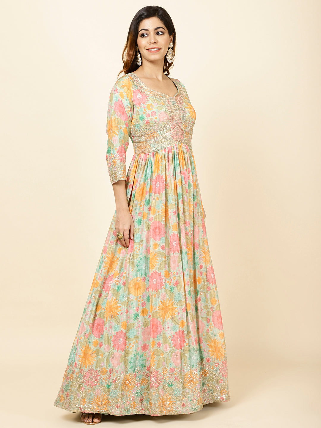 Printed Georgette Anarkali Kurta With Churidar &amp; Dupatta