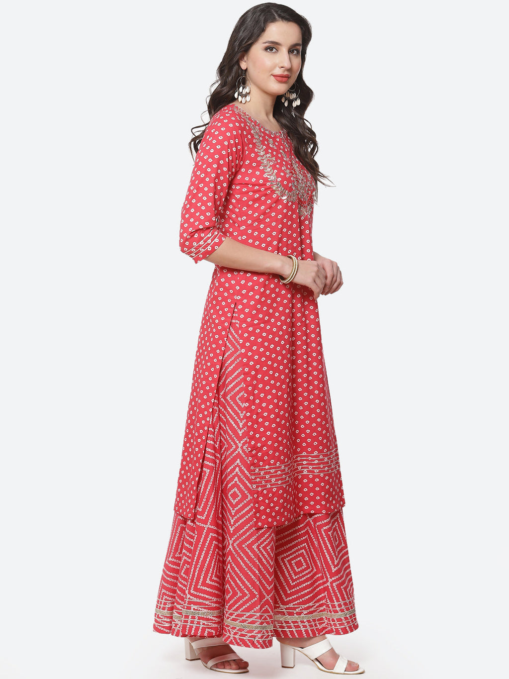 Printed Gota Work Cotton Kurti With Bandhani Printed Skirt