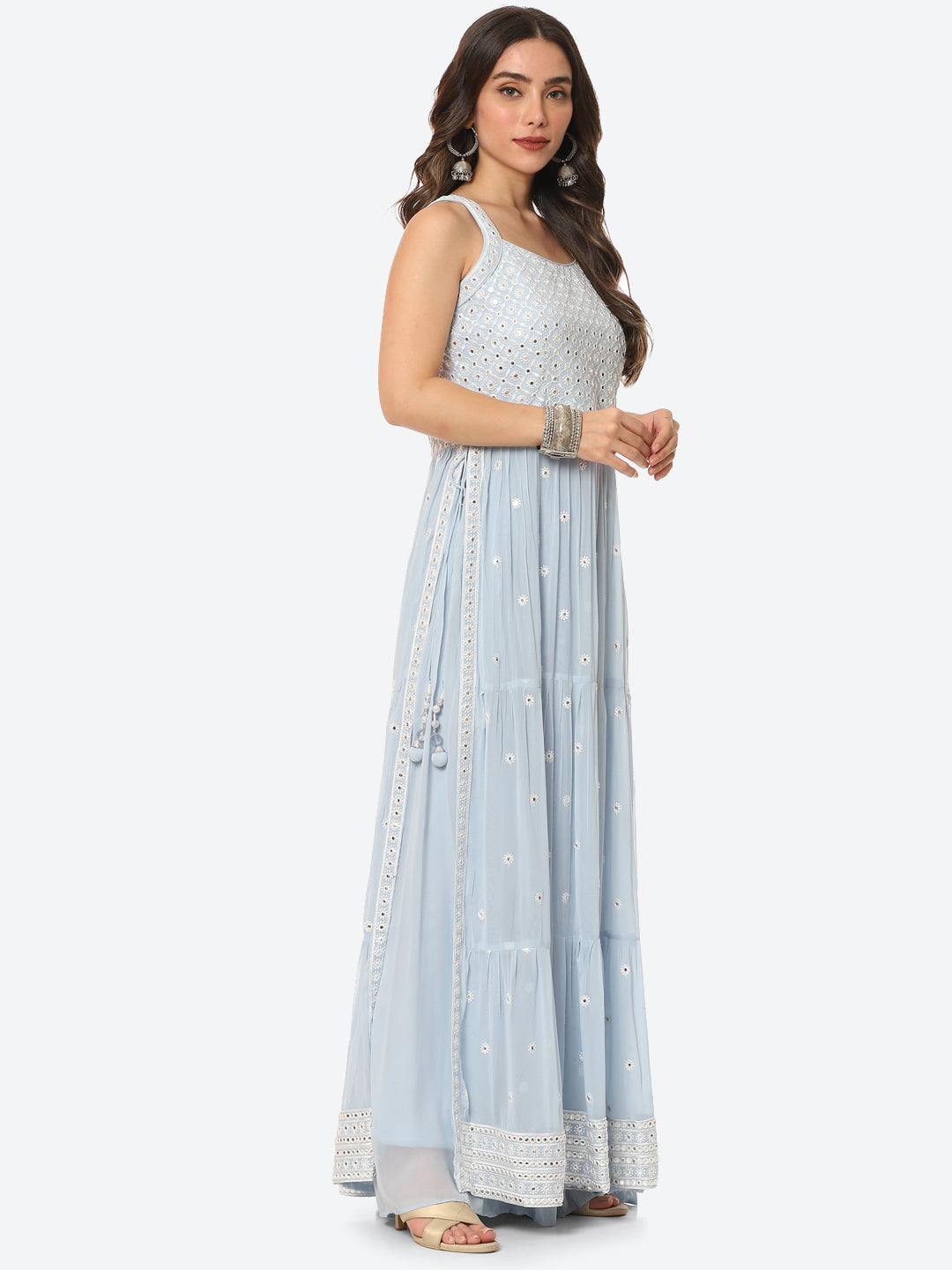 Resham Mirror Georgette Kurta With Palazzo &amp; Net Dupatta