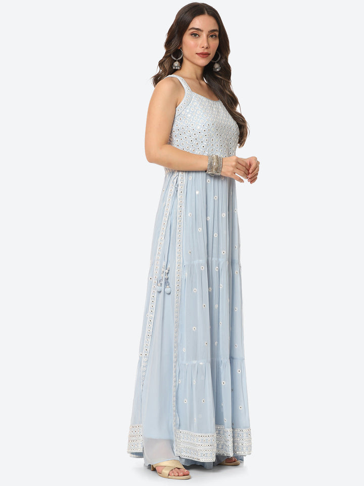 Resham Mirror Georgette Kurta With Palazzo &amp; Net Dupatta