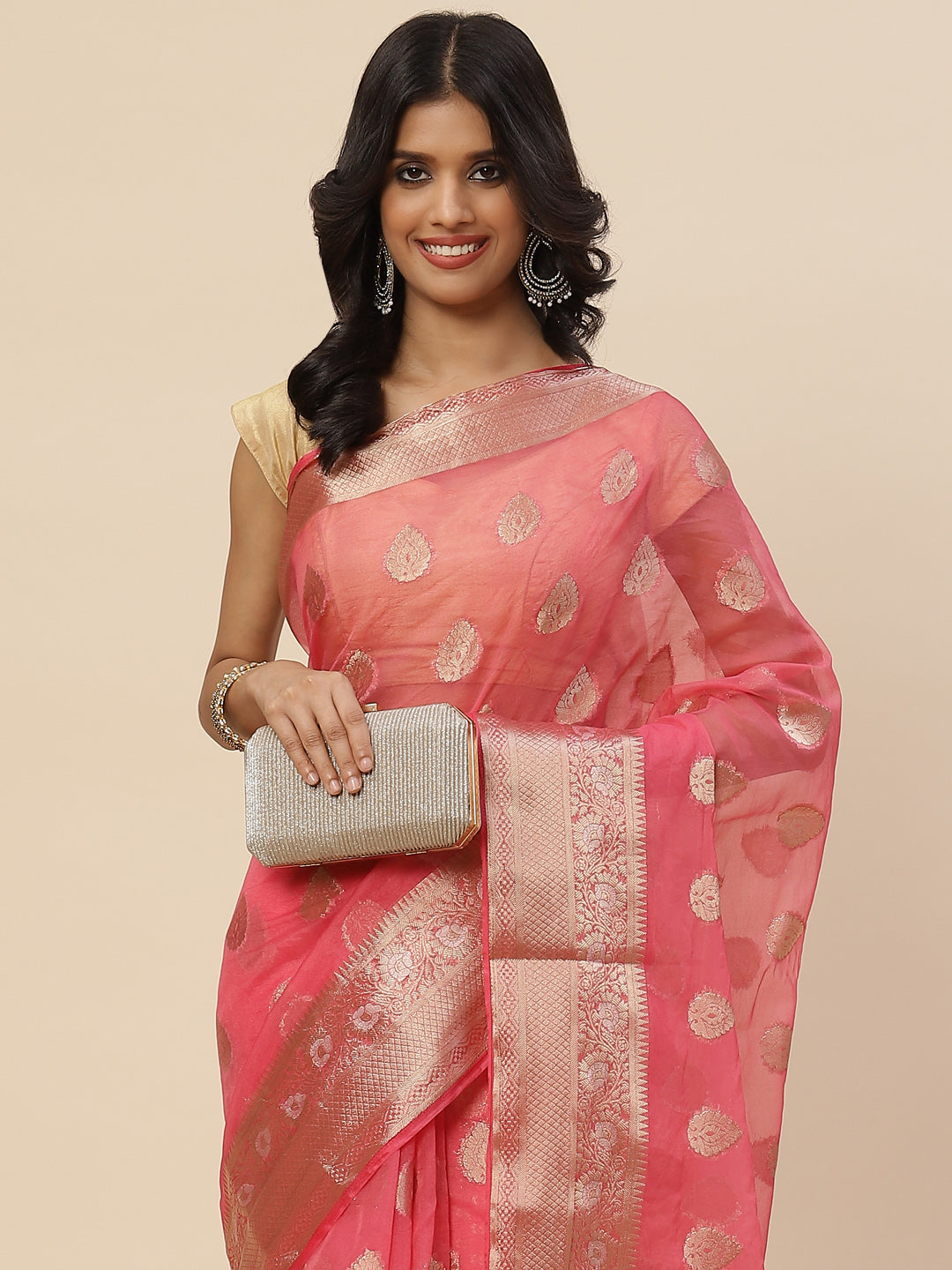Zari Booti Organza Plain Saree