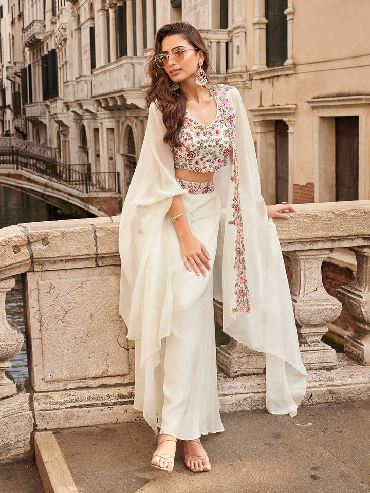 Embroidered Chinon Choli With Plazzo &amp; Jacket