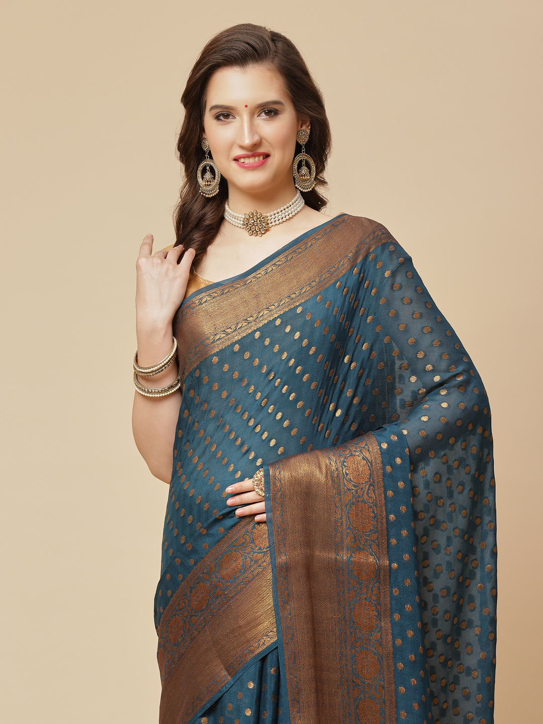 Antique Booti Chiffon Plain Saree