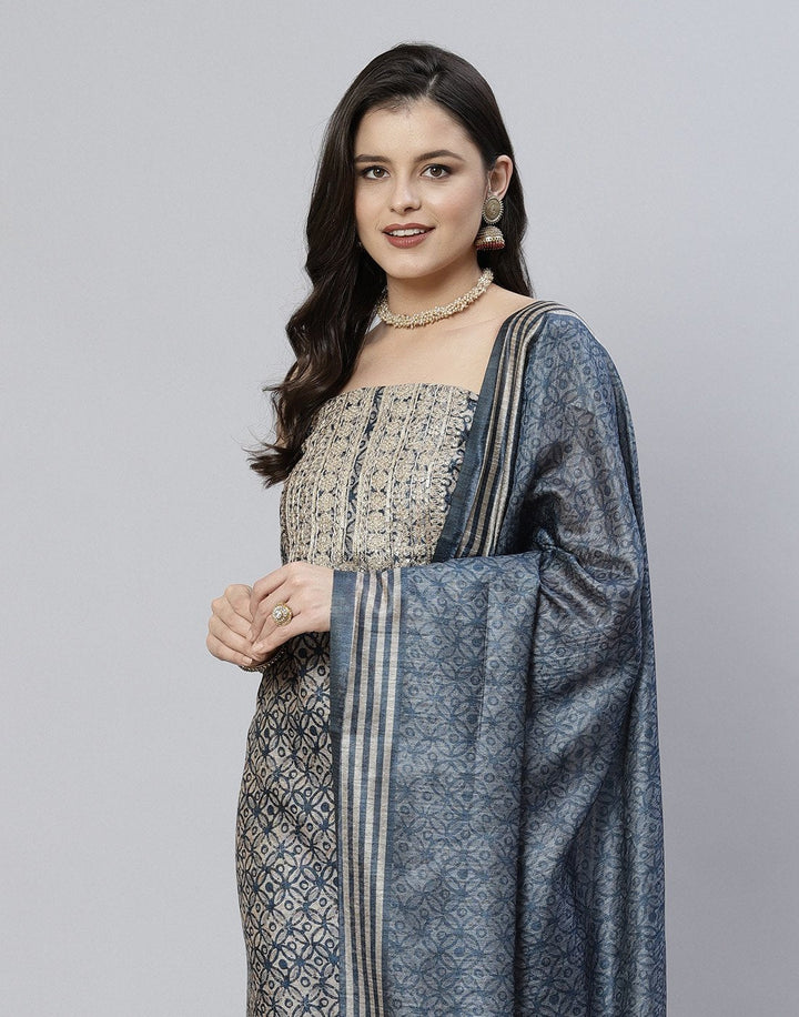 Printed Chanderi Suit Piece With Embroidered Yoke
