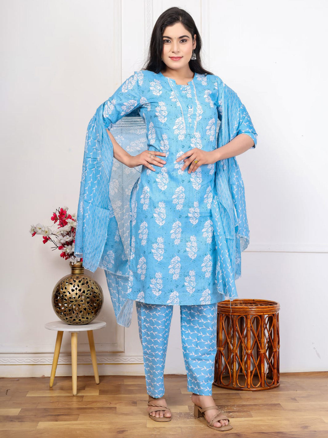 Embroidered Cotton Blend Kurta With Pant &amp; Dupatta