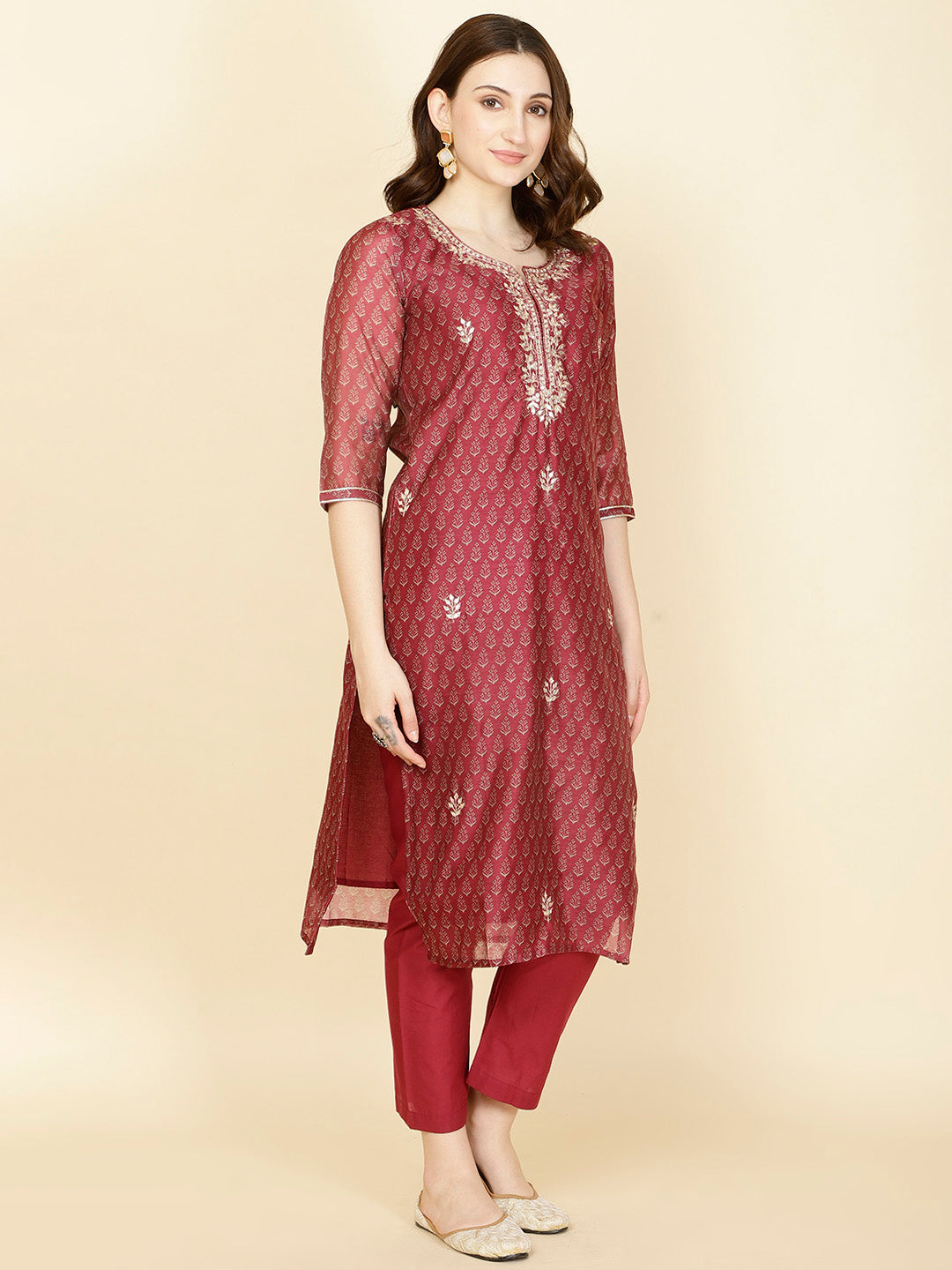Floral Printed Chanderi Kurta With Pants
