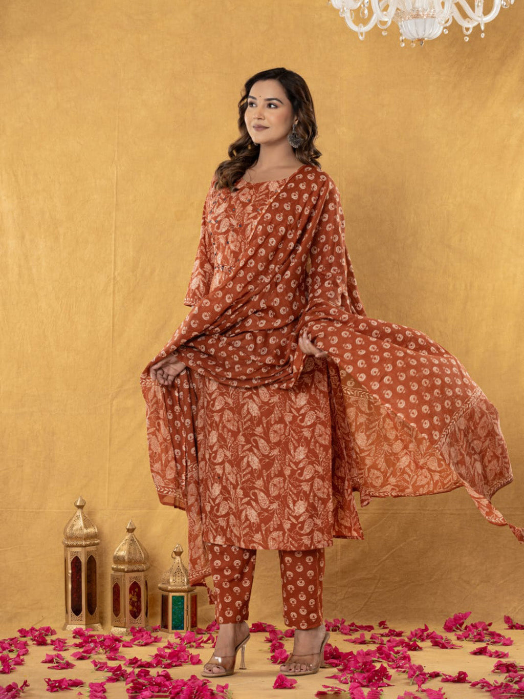 Orange Embroidered Cotton Blend Straight Suit Set With Dupatta