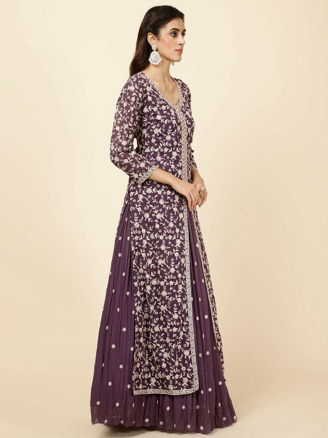 Embroidered Georgette Kurta With Skirt &amp; Dupatta
