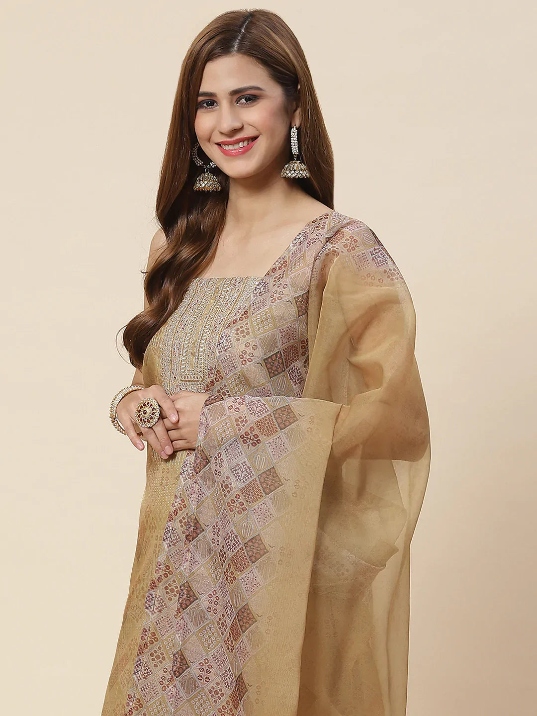 Neck Embroidered Chanderi Unstitched Suit Piece With Dupatta