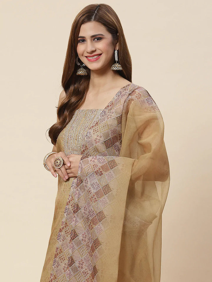 Neck Embroidered Chanderi Unstitched Suit Piece With Dupatta