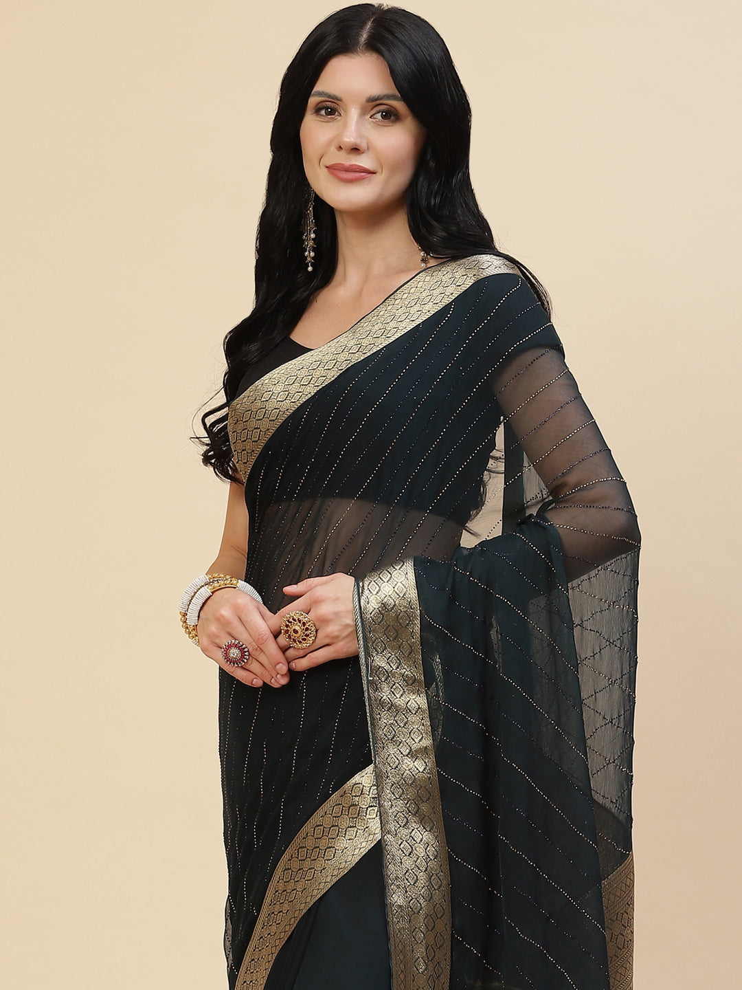 Stone Work Chiffon Plain Saree