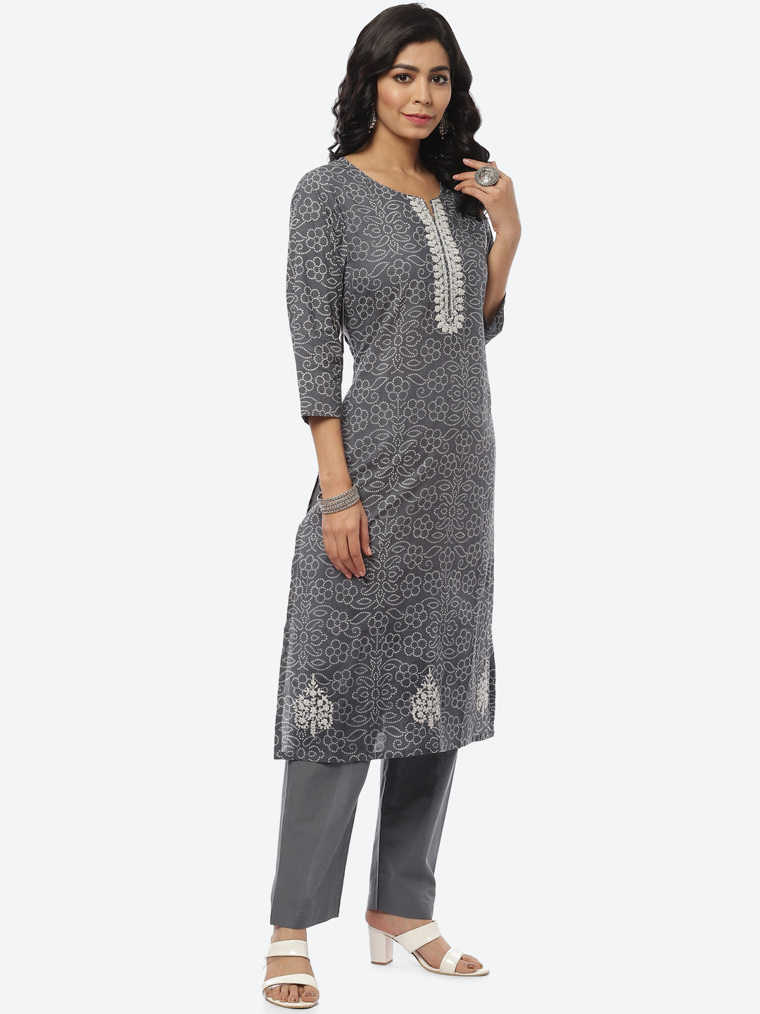 Printed Zari Neck Cotton Kurti With Pant