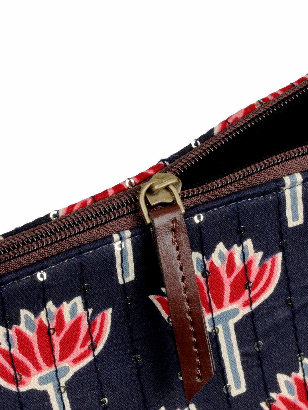 Navy Blue Printed Cotton Handbag With Pouch