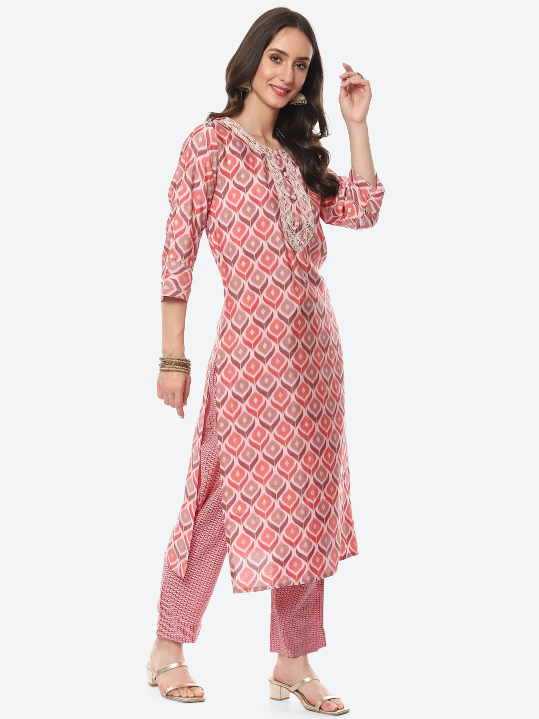 Printed Neck Embroidered Patti Chanderi Kurta With Pant